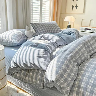 Immagine prodotto di Biancheria da letto 220x240 cm, a quadri, blu e bianco, con 2 federe 80x80 cm, in microfibra