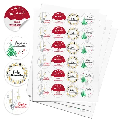 Produktbild von Aufkleber Weihnachten DE weiß - 96x Weihnachtsaufkleber für Geschenke in 4 Variationen | Sticker Set Frohe Weihnachten | 4 cm Etiketten rund