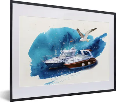 Produktbild von MuchoWow® MuchoWow® Gerahmtes Poster Boot - Vogel - Meer 40x30 cm - Poster mit zchwarzem Bilderrahmen - Bilderrahmen - Poster im Rahmen