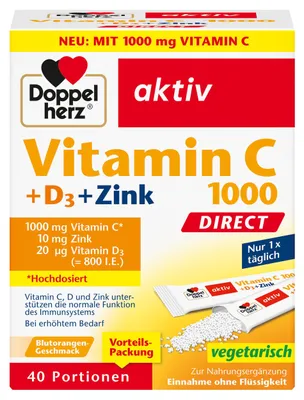 Zdjęcie produktu dla Doppelherz aktiv Witamina C 1000 + D3 + cynk – granulki do bezpośredniego spożycia o smaku czerwonych pomarańczy, 40 saszetek