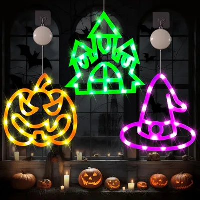 Produktbild von Halloween-Dekorationen, Lichter, 3 Stück, Halloween-Lichter, Halloween-Fensterdekorationen, orangefarbener Kürbis, lila Hexenhut, grüne Hauslichter, Halloween-Dekorationen für draußen, drinnen, Zuhause, Party, Geschenk (3 Haken)