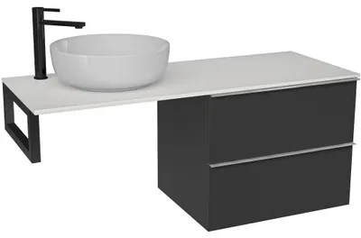 Produktbild von CERANO - Badezimmerschrank Velora - matt schwarz, Griff Chrom + Waschtischablage aus Gussmarmor Elanys - 12 mm + schwarze Halterung - 120x54,2x46,5 cm