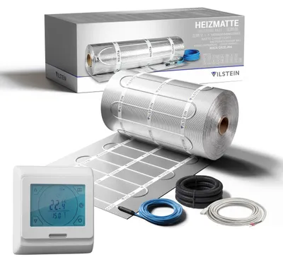 Produktbild von VILSTEIN Aluminium-Fußbodenheizung 150W/m² – Elektrische Heizmatte für Laminat, Parkett & Vinyl, selbstklebend, zuschneidbar, Touchscreen-Thermostat, Komplettset 14m²