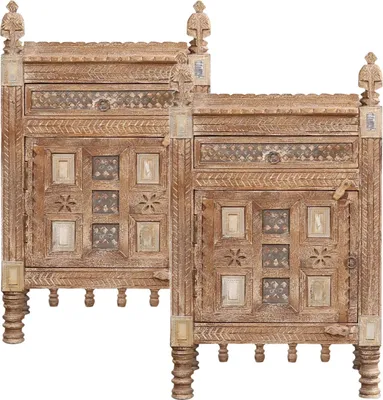 Image de lot de 2 tables de chevet orientales vintage Table de chevet Hajiba Naturel