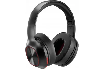 A pair of black over-ear headphones with red accents, shown against a white background.