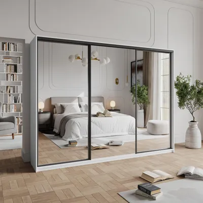 Produktbild von Masseno Schiebetürenschrank RIEN 250/205/60 cm Kleiderschrank mit 4 Schubladen Schlafzimmer Schrank 3-türig mit Spiegel Weiß