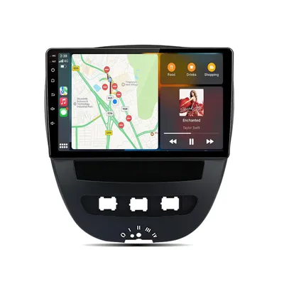 Obrázek produktu pro 10palcové autorádio kompatibilní s CarPlay a Android Auto, vhodné pro modely Toyota Aygo, Peugeot 107, Citroen C1. Funkce: SWC (ovládání z volantu), RDS, GPS, navigace