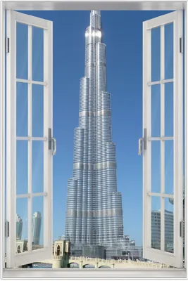 Produktbild von Wallario Wandbild mit Fenster-Illusion: Wolkenkratzer in Dubai, Größe: 61 x 91,5 cm, Poster mit weißem Aluminiumrahmen