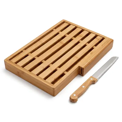Image de Planche à pain en bambou de la marque Hausleben, avec couteau – 33,5 x 21,5 x 3,5 cm | Bac à miettes et grille de découpe | Planche en bois durable pour couper du pain, des petits pains et des baguettes | Inclus un couteau à pain en acier inoxydable, productTiles.product.images.aiGenerated