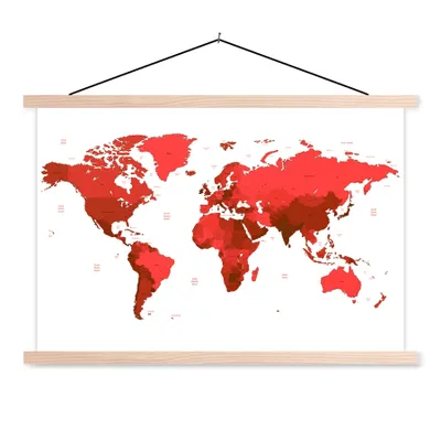 Produktbild von MuchoWow® Textilposter Weltkarte - Rot - Einfach 120x80 cm mit holzfarbenen Rahmen - Aufhängeset