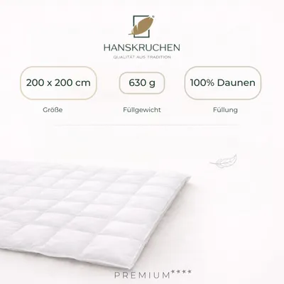 Produktbild von HANSKRUCHEN Daunendecke 200x200 cm Leicht 100% Daunen waschbar Allergiker Kassettendecke atmungsaktiv Decke weiss