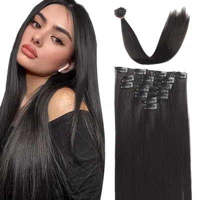Produktbild von XFSRG 7 Stück Clip in Extensions Glatt Lang Haarverlängerungen Haarverlängerungen mit Clips Synthetik Clip in Haarverlängerung für Volumen und Styling 22 Zoll (2# Natürlicher Schwarz)