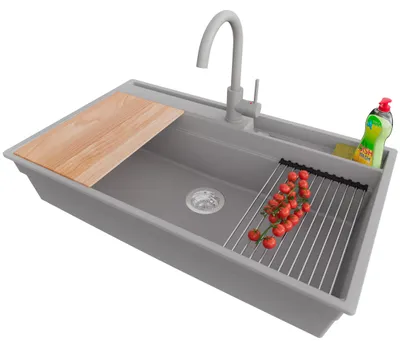 Produktbild von PRIMAGRAN Granitspüle Grau 88x53cm, Spülbecken 1 Becken + Küchenarmatur 32x20cm + Ablauf-Set + Küchenzubehörset, Küchenspüle ab 90er Unterschrank - Oslo Pocket