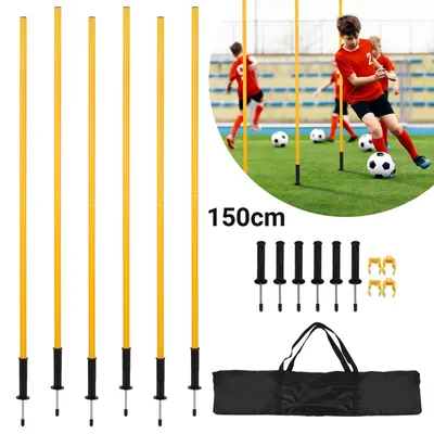 Productafbeelding van Eikuavons voetbal trainingspalen, 150 cm, 6 slalompalen met 2 hindernissen en tas, geel
