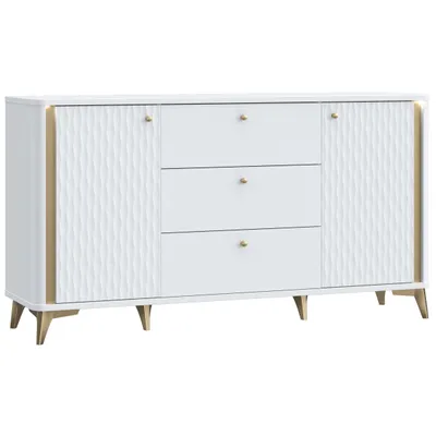 Image de Casa Dolce Commode WHITE HILL 232, blanc & or, 160,5x41,5x87 cm, Coins arrondis, 3 tiroirs, 2 armoires avec étagères