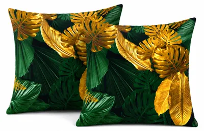 Obrázek produktu pro Sada 2 dekorativních polštářků 45 × 45 cm – připraveno k použití včetně výplně – zelený samet se zlatými listy monstery