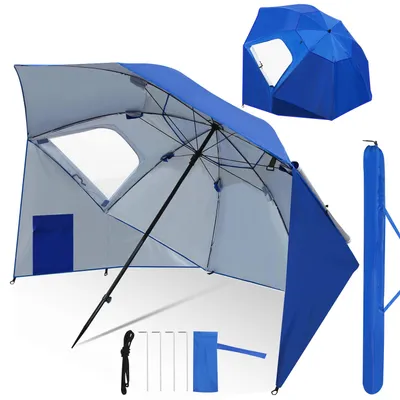 Image de Parasol de plage Eikuavons 210 cm avec sac de transport, protection solaire UV50+, inclinable, parasol de jardin léger pour la plage, le camping et la terrasse - Bleu