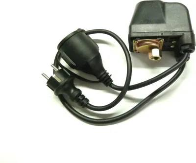A black electrical pressure switch with a plug and socket, set against a white background.