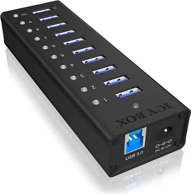 Produktbild von ICY BOX IB-AC6110, 10 Port USB 3.2 Gen 1 Hub, inkl. Ladeport, Aluminium Gehäuse mit Netzteil