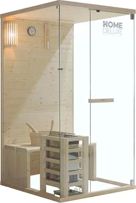 Obrázek produktu pro Home Deluxe - Tradiční sauna ARUNA S - rozměry: cca 100 cm × 110 cm × 190 cm, dřevo: smrk, 8 mm čiré bezpečnostní sklo - včetně saunových kamen a saunového příslušenství