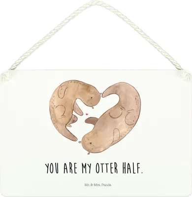Produktbild von Mr. & Mrs. Panda Schild Otter Herz DIN A4 - Weiß - Geschenk, Wandbild Holz, Hochzeitstag, Liebe, Türschild, wandtafel, holzbild, Deko