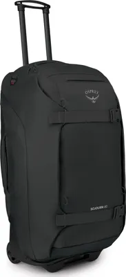 A black Osprey Sojourn Wheeled Travel Pack 80L is shown against a white background.