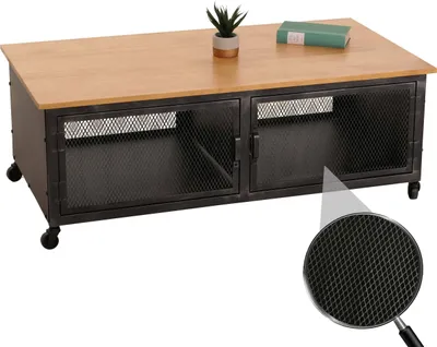 Obrázok produktu pre Konferenčný stolík HWC-N28, rozkladací stolík, kolieska 2 priehradky, 3D štruktúra priemyselné retro kovové drevo 45x120x60cm ~ čierna, prírodná