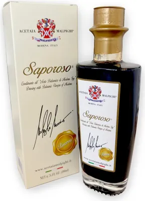 Produktbild von Acetaia Malpighi – Saporoso Gold Seal Balsamico-Essig aus Modena g.g.A. Dressing – 200 ml – 8 Jahre in Eichenfässern gereift – ohne Karamell
