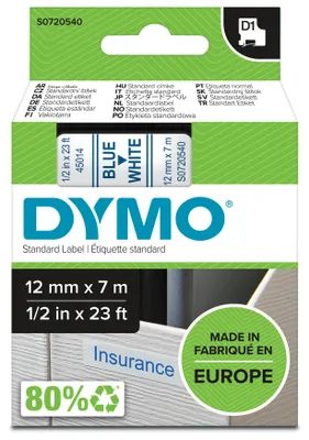 Image de Dymo D1 Ruban 12 mm x 7 m bleu sur blanc 45014