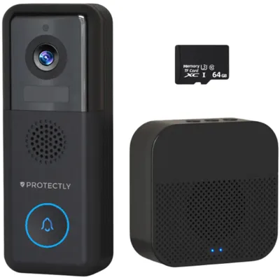 Produktbild von Protectly® 2K Video Türklingel kabellos & kabelgebunden – WLAN Türkamera mit Gong, 64GB SD, Zwei-Wege-Audio & ohne Abo