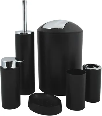 Produktbild von MSV Badezimmer Set, 6-teiliges Badzubehör Seifenspender, WC Bürste, Seifenschale, Kosmetikeimer und Zahnputzbecher Schwarz matt