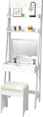 Produktbild von Schminktisch, Kosmetiktisch mit Klappspiegel & Leiterregal, Make-up Tisch aus Holz, Frisiertisch Set Inkl. Hocker, Multifunktionale Frisierkommode mit 3 Hacken, Weiß
