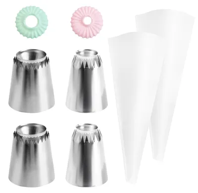 Produktbild von Spritztüllen Set - 4-teilig mit 2 Spritzbeuteln - Edelstahl-Düsen für Kuchen Kekse und Cupcakes