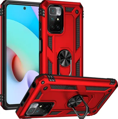 Produktbild von Redmi 10 Hülle, Dual Layer Militäre Fallschutz Schutzhülle mit Ringhalterung Ständer für Xiaomi Redmi 10 Rot