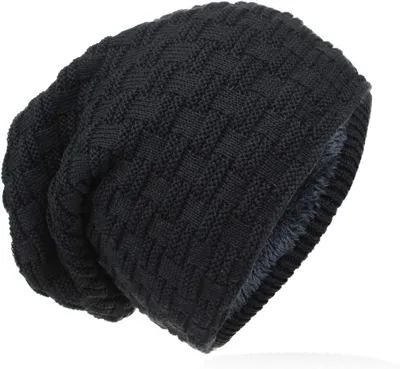 Produktbild von Wintermütze Damen Herren, Strickmütze mit Flecht Muster, warme Fleece, A0500 Schwarz