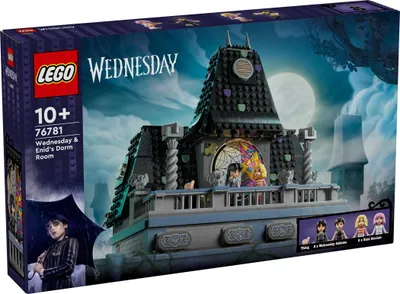 Productafbeelding van LEGO Woensdag: De kamers van Wednesday en Enid in het studentenhuis van Nevermore Academy, ideaal om te verzamelen en te herschikken. Een collector's item met 4 speelfiguren, geschikt als speelgoed voor meisjes, jongens en fans. Artikelnummer: 76781