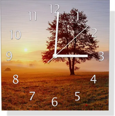 Produktbild von Wallario Design Wanduhr Sonnenaufgang über der Wiese mit Nebel aus Aluverbund, Größe 30 x 30 cm