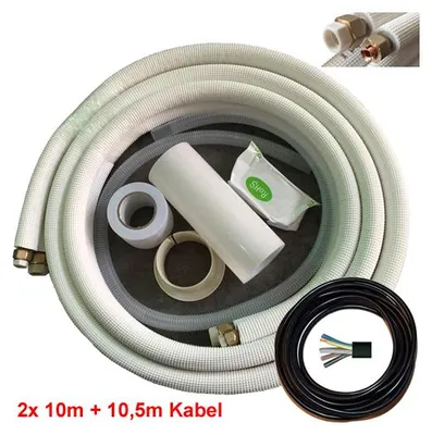 A collection of air conditioning installation kit components, including insulated copper lines, tape, and cable, arranged in a coiled and bundled manner.