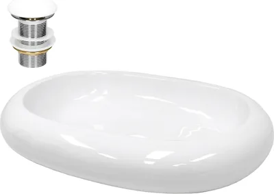 A white oval sink and a drain assembly are shown against a white background.