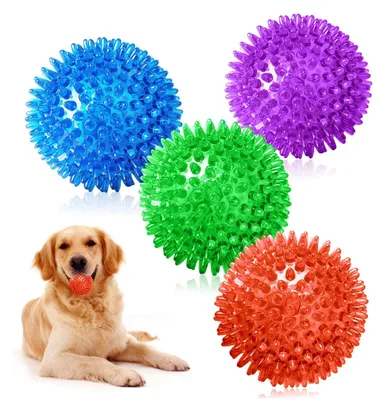 Produktbild von Set mit 4 quietschenden Hundespielzeugen, unzerstörbarer Kauball für Welpen, Zahnreinigung und Training für kleine und mittelgroße Hunde
