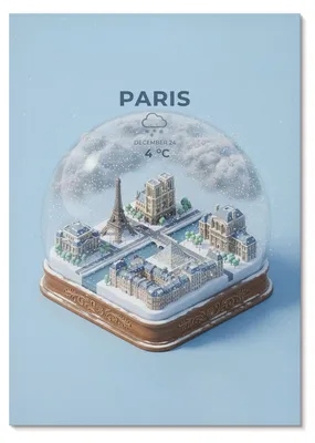 Produktbild von POSTER - 29x42 cm (A3) - Kauro - Schneekugelmodell für Winter-Paris -  Wandbild für Wohnzimmer Schlafzimmer & Flur, Modernes Poster Wanddeko, Ungerahmt