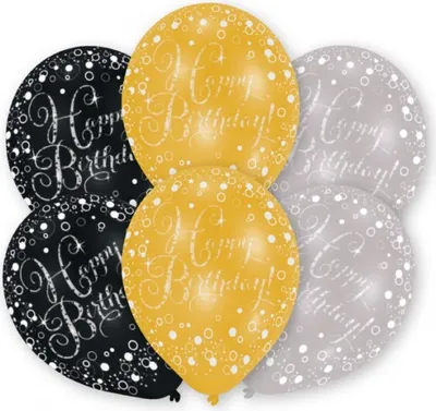 Produktbild von 6 Ballons Happy Birthday gold,schwarz, silber