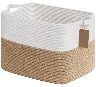 Obrázok produktu pre Úložný kôš 50 litrov, bavlnené lano s rúčkami, materiál: juta a biela farba, rozmer: 46 x 36 x 30 cm