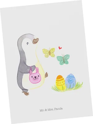 Produktbild von Mr. & Mrs. Panda Postkarte Pinguin Eier suchen - Weiß - Geschenk, Ansichtskarten, Postkarten, Ostern, bildkarte, Grußkarte, Fotokarte