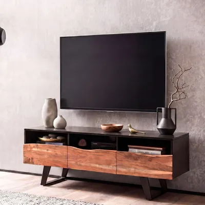 Immagine prodotto di FineBuy Mobile TV basso in legno massello di acacia 140x50x40 cm con bordi naturali, nero, mobile TV alto con cassetto, tavolino TV, mobile TV moderno