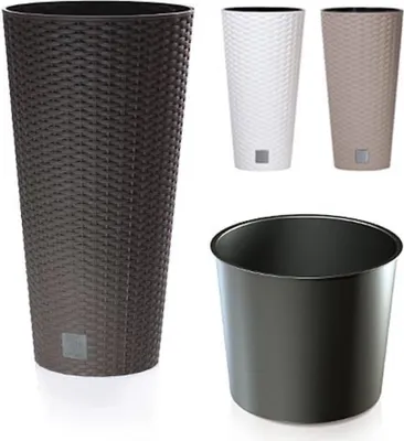 A collage of different colored plant pots and a black insert.