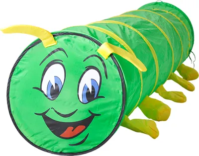 A green caterpillar-shaped play tunnel with a smiling face on the front.