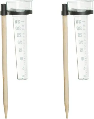 Produktbild von Famanu Regenmesser Set 2 Stück - Pluviometer für Garten oder Balkon - 35mm/m² - Kunststoff Holz - Natur/Transparent