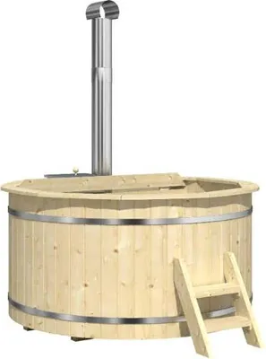 Produktbild von FinnTherm Holz Badefass Bergen, Hot Tub Ø 200 x 110 cm für 6-8 Personen, inkl. Edelstahl-Ofen 22 kW, Einstiegsleiter & Sitzbänken