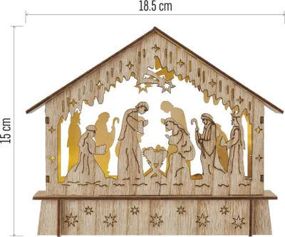 LED vánoční betlém dřevěný, 15 cm, 2x AA, vnitřní, teplá bílá, časovač